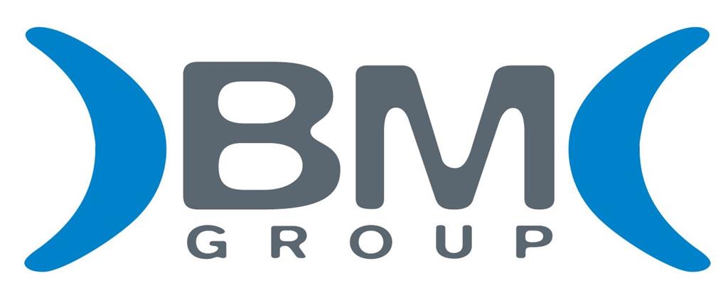 Лого на BM Group, включващо елементи в сив и син цвят.