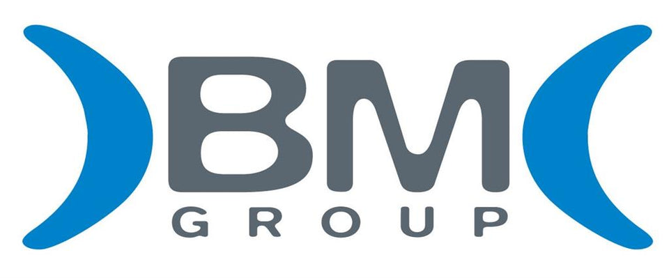 Лого на BM Group, включващо елементи в сив и син цвят.