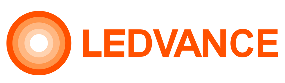 Лого на LEDVANCE с оранжеви и бели цветове, представящо иновации в LED осветлението.