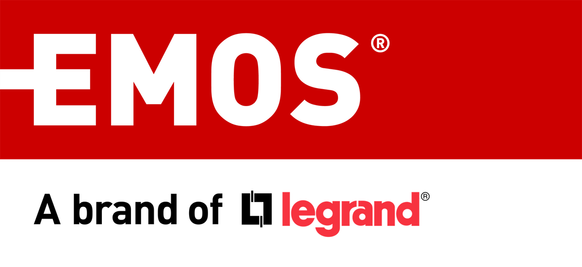 Le logo d’EMOS et de Legrand, représentant des solutions d’éclairage et des appareils pour la maison.