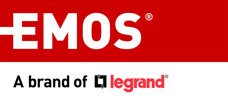 Le logo d’EMOS et de Legrand, représentant des solutions d’éclairage et des appareils pour la maison.