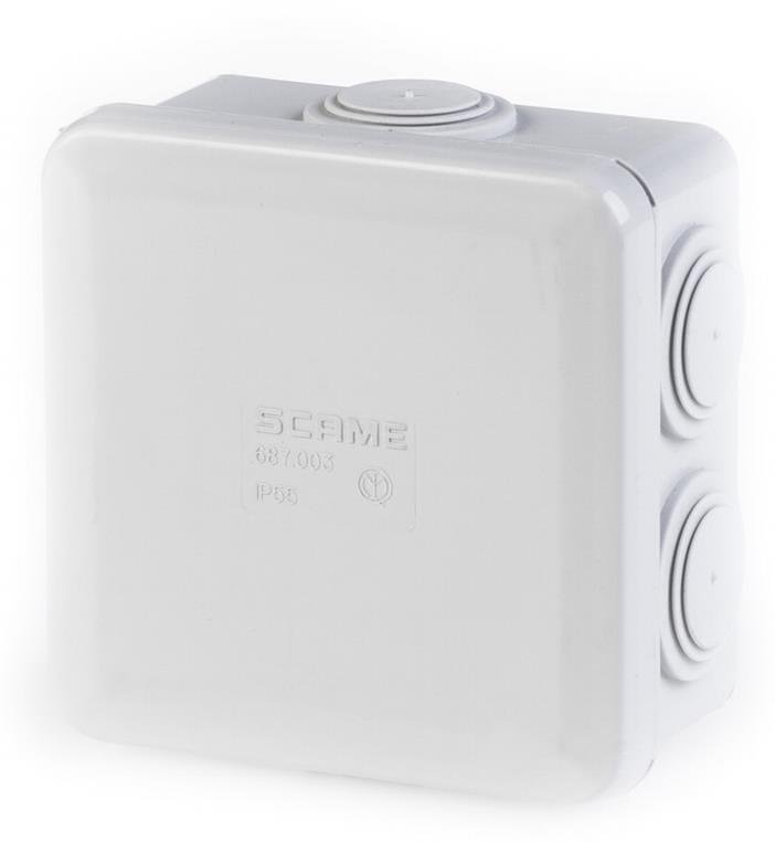 Кутия 150x110x70мм IP55, GW 960°C, кабелни мембрани 7х29мм, затваряне с пластмасов винт, серия Cubik Scame-688.006.R