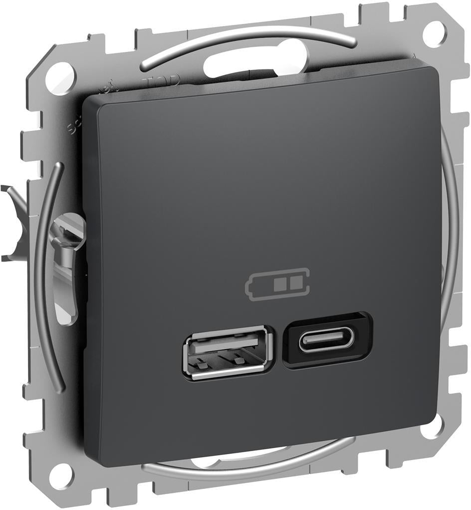 Розетка 2хUSB за зареждане тип A+C Power Delivery 45W цвят Антрацит Sedna SE, SCHNEIDER ELECTRIC, SDD114404