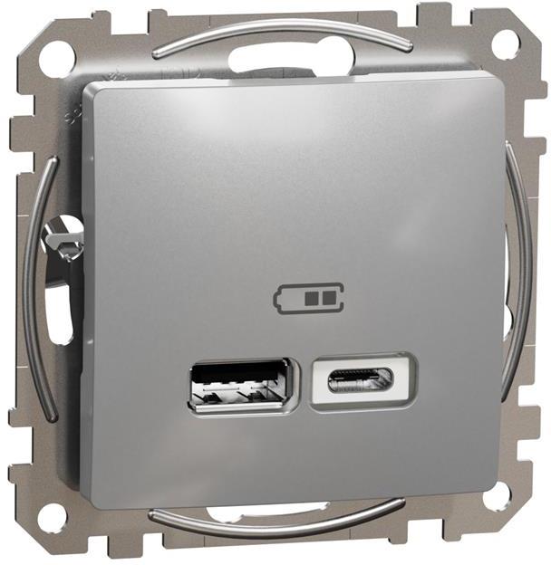 Розетка 2хUSB за зареждане тип A+C 2.4A 12W цвят Алуминий Sedna SE, SCHNEIDER ELECTRIC, SDD113402
