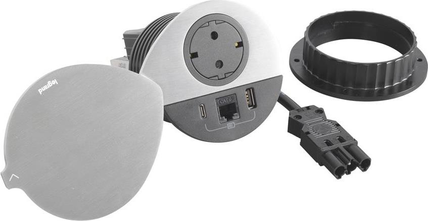 Модул за вграждане в бюро с 1х Шуко, USB тип A+C и 1х RJ45 Cat.6 UTP, GST18, Ø80mm, цвят ЧЕРЕН с капак, Incara Disq Legrand, LEGRAND, 654713F