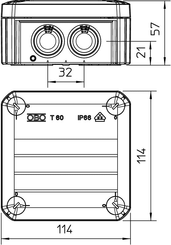Разклонителна кутия T60 114x114x57мм IP68, с уплътнения, клема 5x1.5-6мм2, уплътнителна смола и ръкавици OBO, OBO BETTERMANN, O2010007