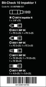 Комплект 9х бита и държач 897/4, Bit-Check 10 Impaktor Wera - W057680