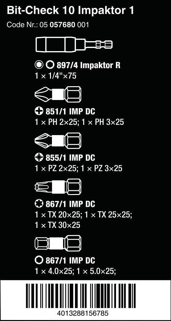 Комплект 9х бита и държач 897/4, Bit-Check 10 Impaktor Wera - W057680