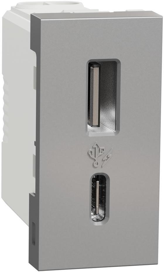 Розетка 2хUSB за зареждане тип A+C 2.4A 12W 1 мод. цвят Алуминий Unica SE, SCHNEIDER ELECTRIC, NU301630