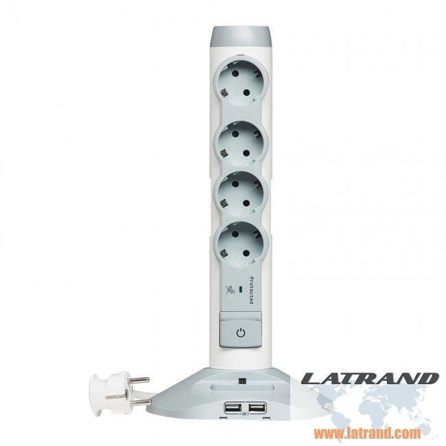 Колона бяла 4х2P+T, 2xUSB 2400мА, 1micro USB зарядно и гръмозащита, LEGRAND, 694614