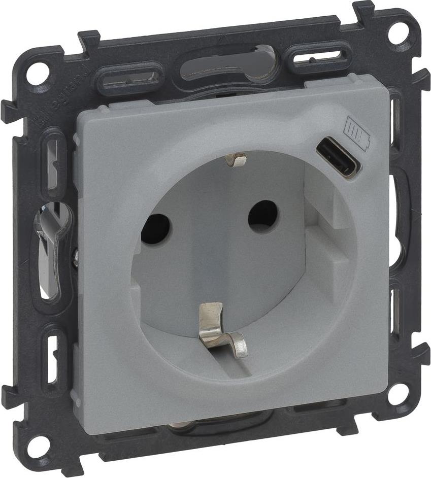 Контакт ШУКО 2P+E 16A + USB тип C 1.5A 7.5W цвят Алуминий Valena Life Legrand, LEGRAND, 753335