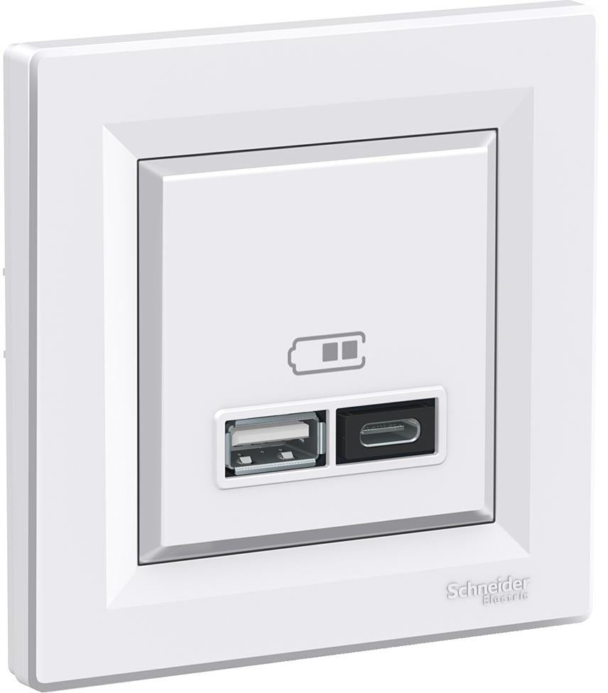 Розетка 2хUSB за зареждане тип A+C 2.4A 12W моноблок цвят Бял Asfora SE, SCHNEIDER ELECTRIC, EPH2700321