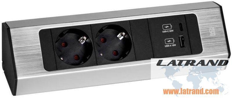 Модул CASIA 2 с 2x Шуко и USB A+C, с възможност за ъглов монтаж, захранващ кабел 2м, цвят Инокс, Bachmann