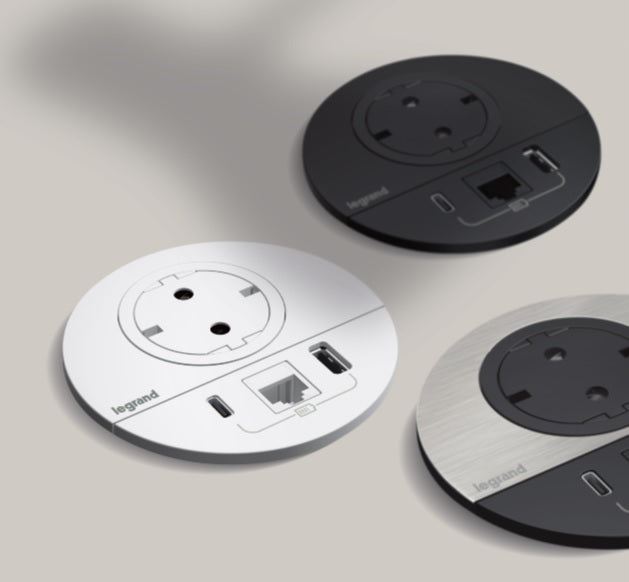 Модул за вграждане в бюро с 1х Шуко, USB тип A+C и 1х RJ45 Cat.6 UTP, кабел 2m, Ø80mm, цвят ЧЕРЕН с капак, Incara Disq Legrand, LEGRAND, 654713