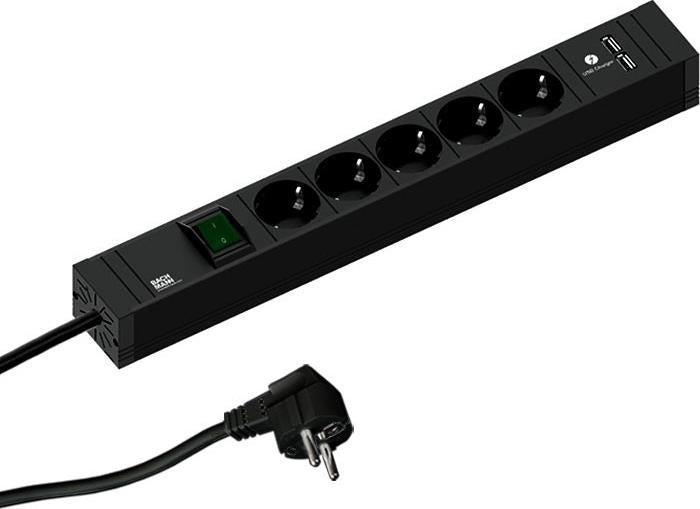 Разклонител ЧЕРЕН 5x2P+E с кабел 2 метра, копче, с USB A+A 3A 15W CONNECT LINE, Bachmann, BACHMANN, B420.0021