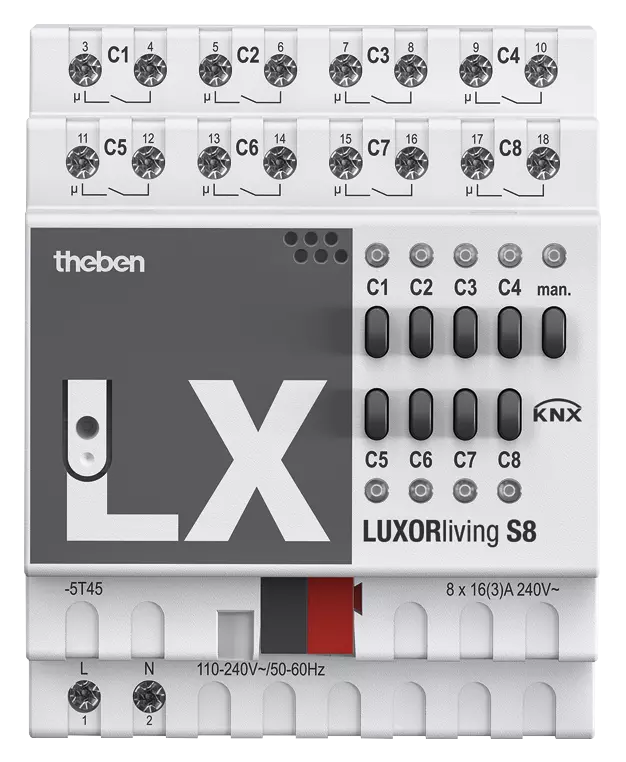 Актуатор изходи с ръчно управление S8 8x 230Vac 16A 4DIN LUXORliving Theben, KNX, 4800425