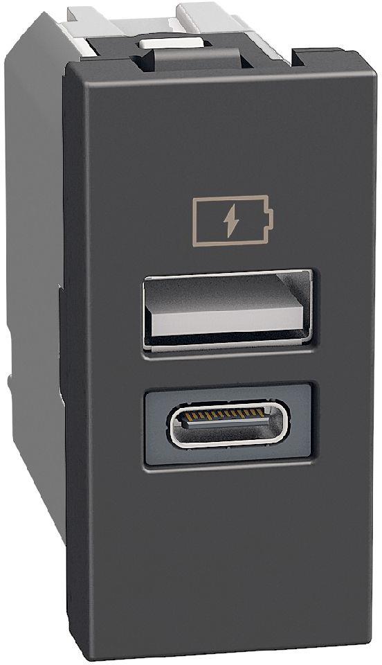 Розетка 2xUSB за зареждане тип A+C 3A 15W 1 мод. цвят Графит Light Now Bticino, BTICINO, YD4191AC