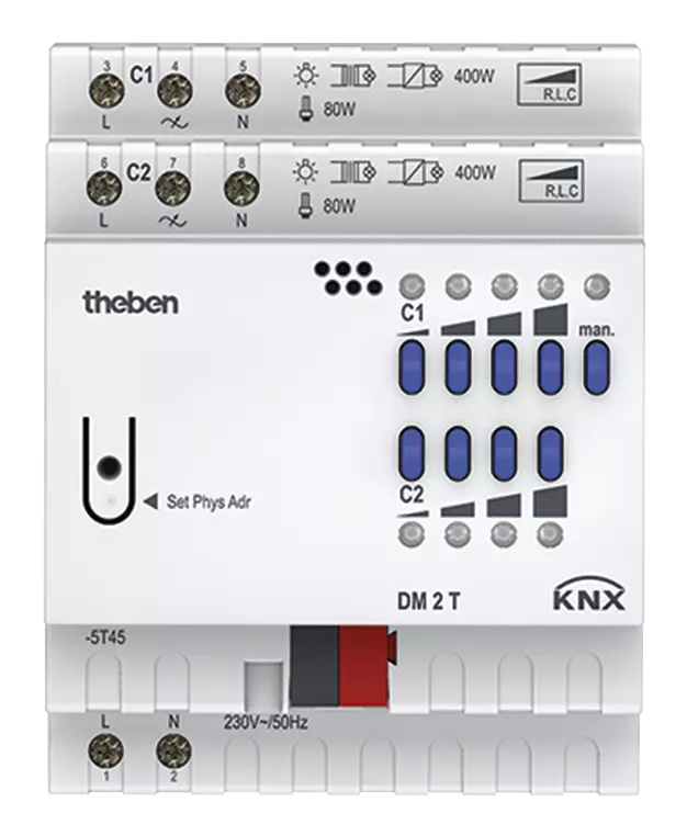 Димер универсален с ръчно управление DM2T 2х 400VA 4DIN KNX Theben, 4940270