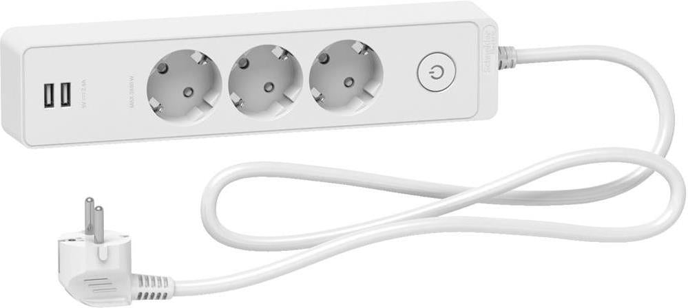 Разклонител бял 3 гнезда, 2xUSB 1.5 метра /1.5mm2 и ключ серия UNICA SE, SCHNEIDER ELECTRIC, ST943U1W