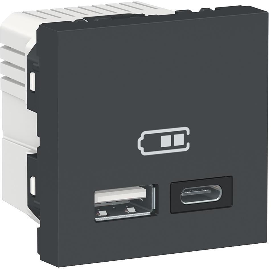 Розетка 2хUSB за зареждане тип A+C 2.4A 12W 2 мод. цвят Антрацит Unica SE, SCHNEIDER ELECTRIC, NU301854