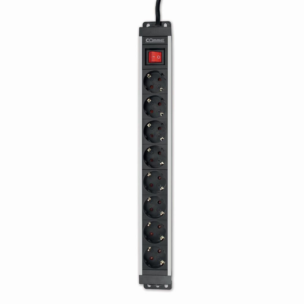 Разклонител PDU 19" 1U 8x ШУКО, с ключ, кабел 2м и щепсел универсален 16A Commel, COMMEL, C236-101