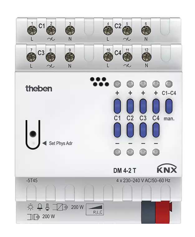 Димер универсален с ръчно управление DM4-2T 4х 200VA 4DIN KNX Theben, 4940280
