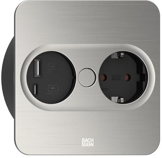 Модул TWIST 2 КВАДРАТЕН с 1х Шуко и USB тип A+C, с кабел 2м, цвят Инокс, Bachmann, BACHMANN, B946.005