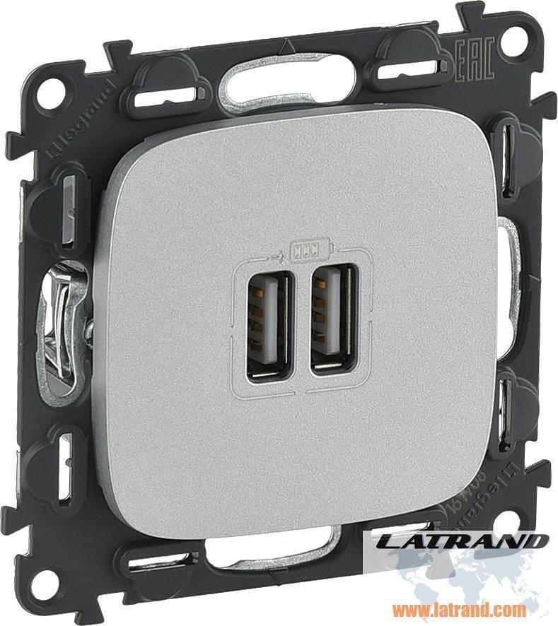 Розетка 2хUSB за зареждане тип A 5V 2.4A 12W цвят Алуминий Valena Allure (комплект с механизъм) Legrand - 754997