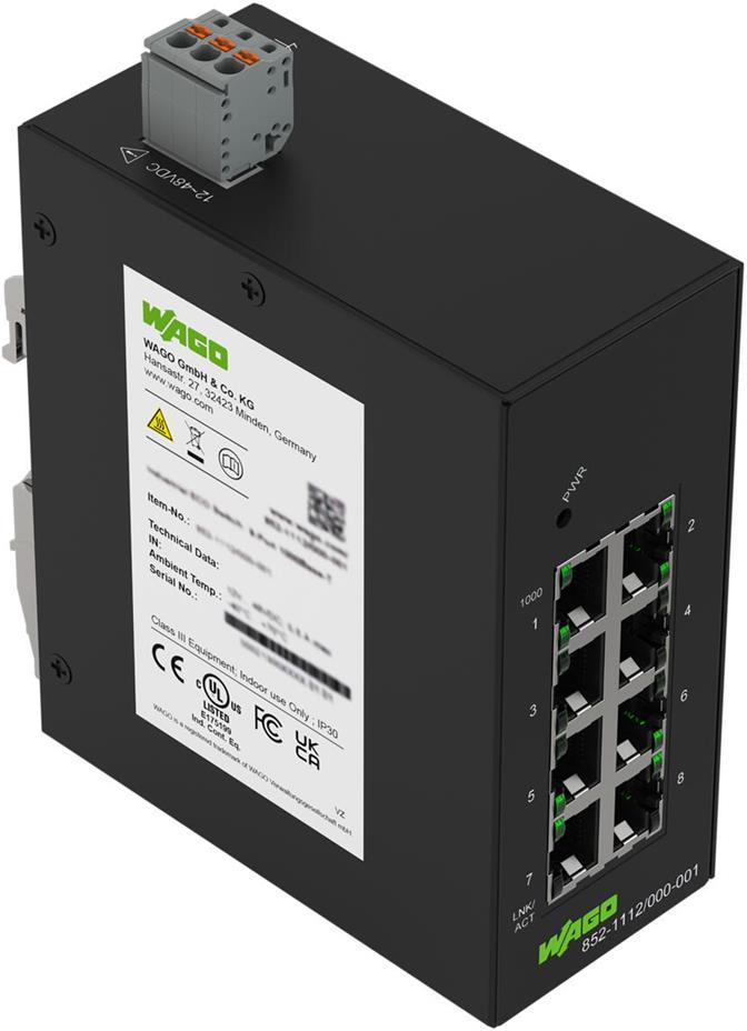 Мрежов комутатор, 8x 1 Gbps, за DIN монтаж, 12…48V DC Eco Wago, WAGO, 852-1112/000-001