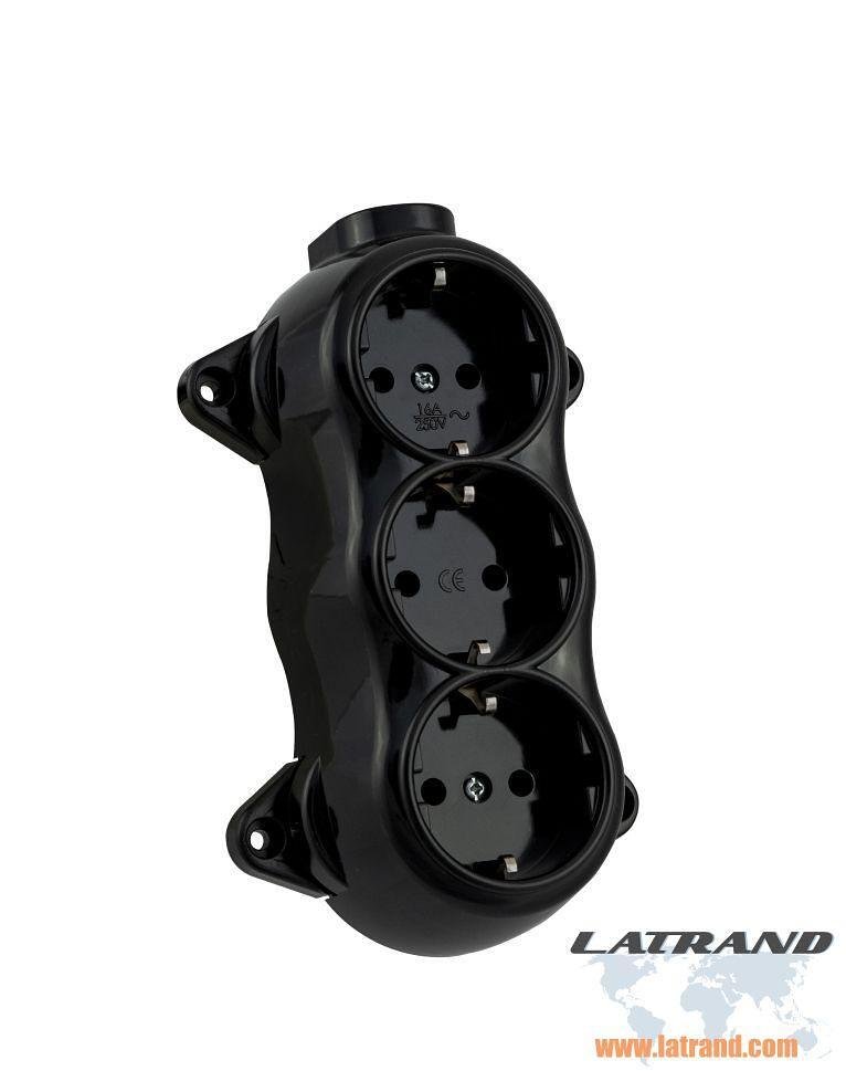 ATRA - Троен контакт шуко 16А открит монтаж IP21 черен - 5221, АТРА