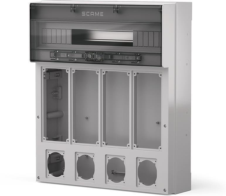 Табло за индустриални контакти и DIN модули IP65, UV, серия Proxima (24 DIN и 4х16A или 32A с блокировка и 4х Шуко) Scame-573.5381