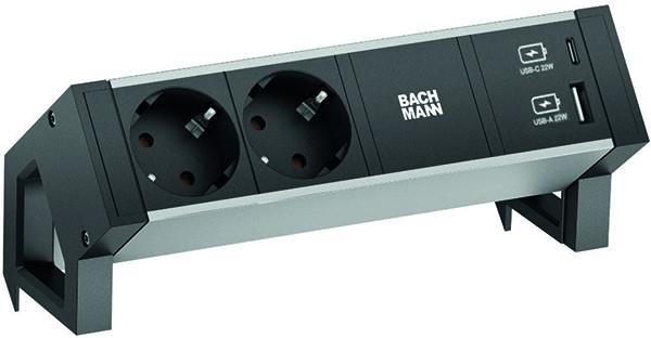 Модул DESK 2 ALU с 2х Шуко и USB тип A+C, цвят Черен, Bachmann, BACHMANN, B937.301