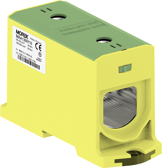 Тунелна клема ЖЪЛТО-ЗЕЛЕНА 1P 490A с 2 отвора OTL300-1 1xAl/Cu 95-300mm² 1000V MOREK, MAA1300Y10