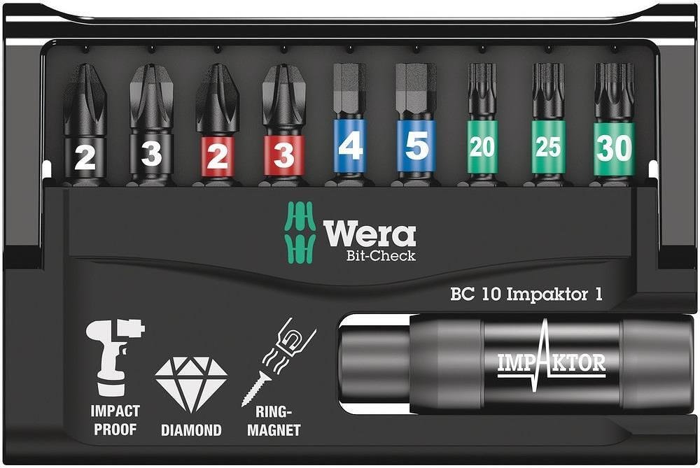 Комплект 9х бита и държач 897/4, Bit-Check 10 Impaktor Wera - W057680