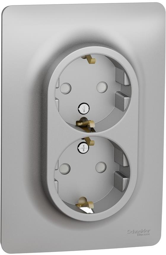 Контакт шуко ДВОЕН моноблок цвят Алуминий Unica SE, SCHNEIDER ELECTRIC, NU206730