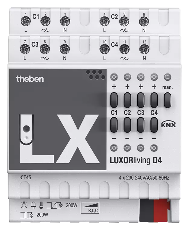 Димер универсален с ръчно управление D4 4х 200VA 4DIN LUXORliving Theben, KNX, 4800475