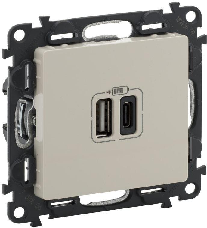 Розетка 2хUSB за зареждане тип A+C 3A 15W цвят крем Valena Life Legrand, LEGRAND, 753206