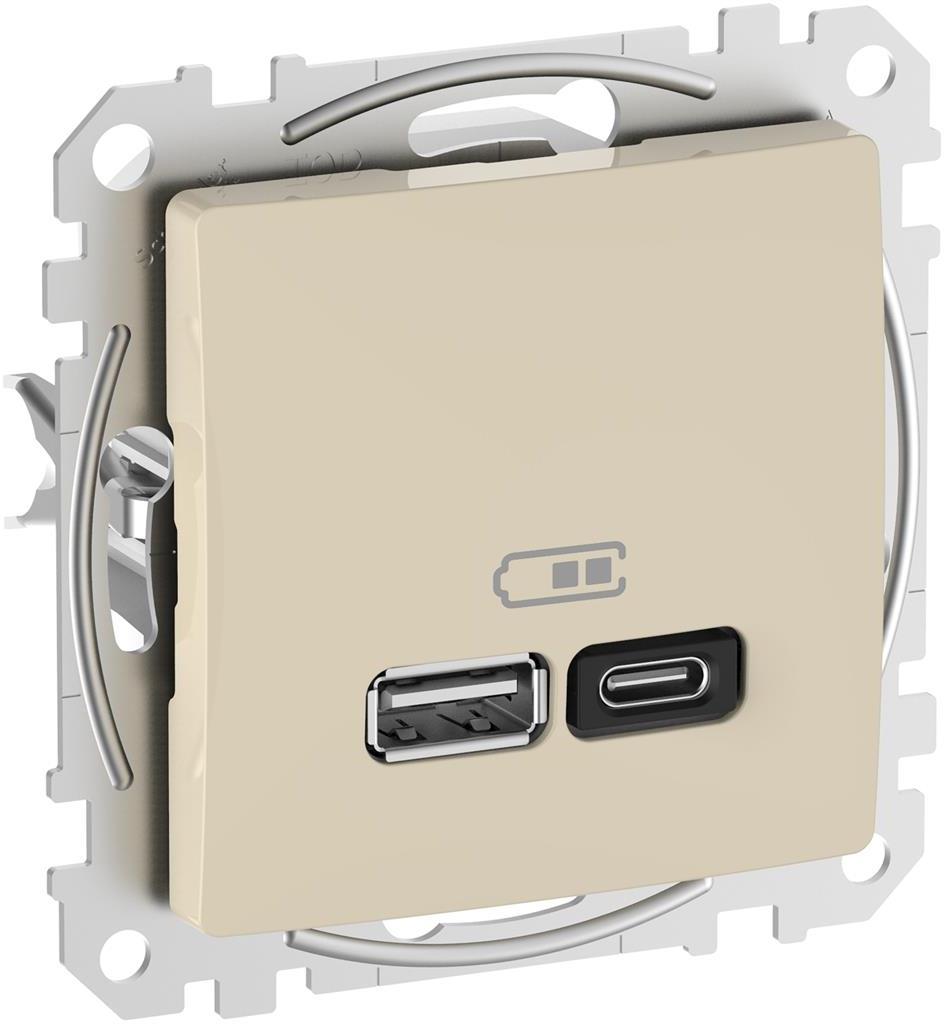 Розетка 2хUSB за зареждане тип A+C Power Delivery 45W цвят Крем Sedna SE, SCHNEIDER ELECTRIC, SDD112404