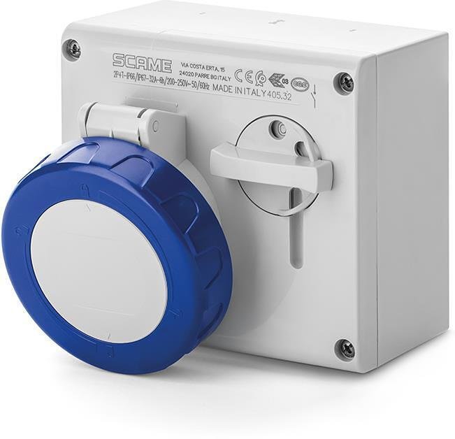 Промишлен контакт 2P+Е 16A IP66 с механична блокировка серия Omnia Scame-505.1683 син/бял