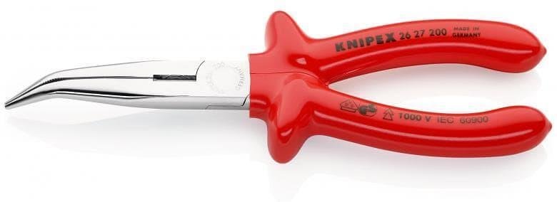 Клещи резачки с извит дълъг остър връх, хромирани, VDE 1000V гумирана червена ръкохватка 200мм, Knipex - K2627200
