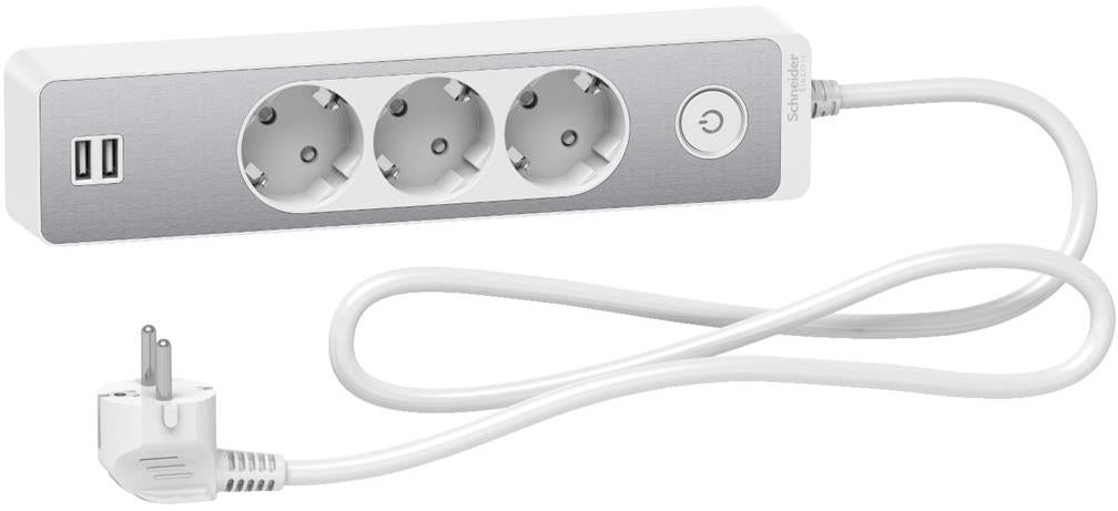 Разклонител бял/алуминий 3 гнезда, 2xUSB 1.5 метра /1.5mm2 и ключ серия UNICA SE, SCHNEIDER ELECTRIC, ST943U1WA