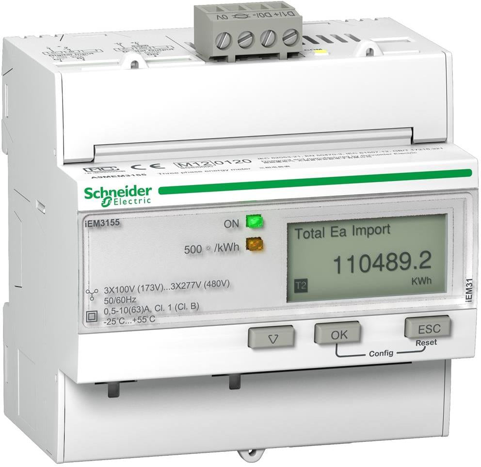 Трифазен електромер за ДИРЕКТНО мерене на ел. енергия Acti 9 iEM, Modbus, до 4 тарифи, за DIN монтаж 5 мод, 63A, MID SE, SCHNEIDER ELECTRIC НИСКО НАПРЕЖЕНИЕ, A9MEM3155