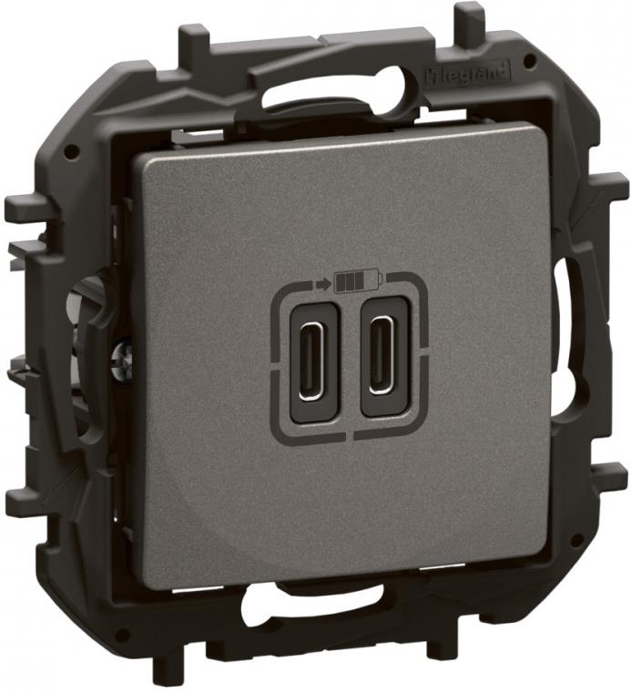 Розетка 2хUSB за зареждане тип C 3A 15W цвят Сив Niloe New Legrand, LEGRAND, NP3404MG