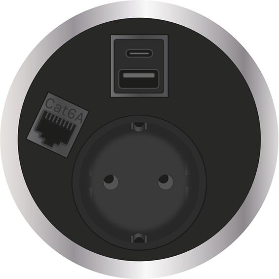 Модул Port El с 1х Шуко, USB тип A+C и 1х RJ45 Cat.6A, цвят Черен, ABL, ABL Сърбия, 2F20F1A4