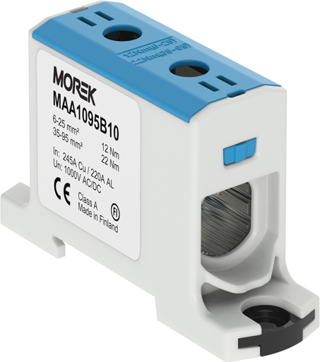 Тунелна клема СИНЯ 1P 245A с 2 отвора OTL95 1xAl/Cu 6-95mm² 1000V MOREK, MAA1095B10