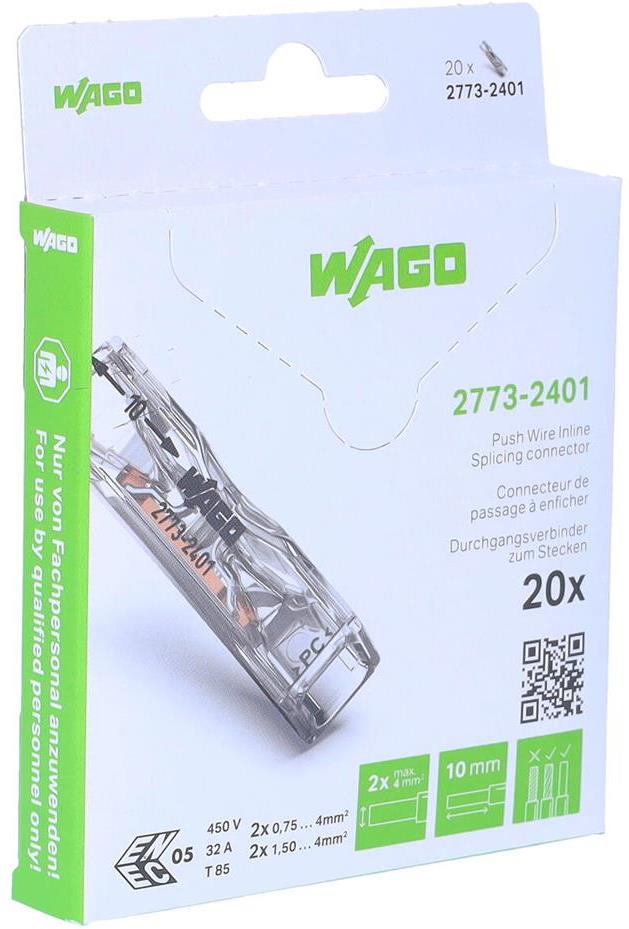 Бърза връзка Inline 2х0,75-4 mm2 прозрачна за твърд проводник (блистер 20 бр.) Wago , WAGO, 2773-2401/995-020