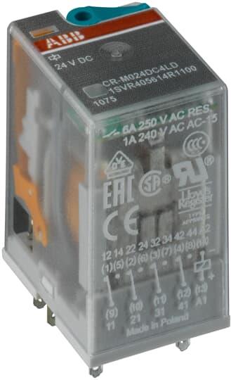 Реле интерфейсно CR-M 24 VDC, 12A, 2 превключващи контакта, LED, монтаж в цокъл ABB, 1SVR405611R1100