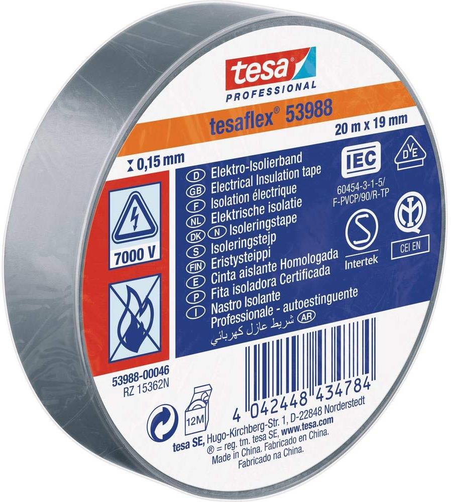 Изолационна лента цвят СИВ tesaflex 53988 0.15мм х 19мм, дължина 20м tesa® Professional, TESA, 53988-00046-00