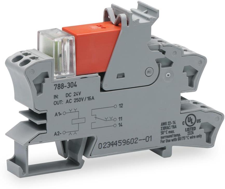 Релеен модул 24 VDC, 16A, червен индикатор, 1 превключващ контакт, 15мм, монтаж на DIN шина Wago, WAGO, 788-304