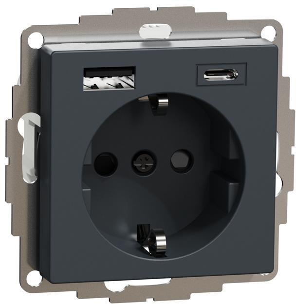 Механизъм контакт шуко 16A + USB A+C 3A 15W с лицев панел цвят Антрацит System M  Merten SE /до изчерпване/, SCHNEIDER ELECTRIC, MTN2367-0414